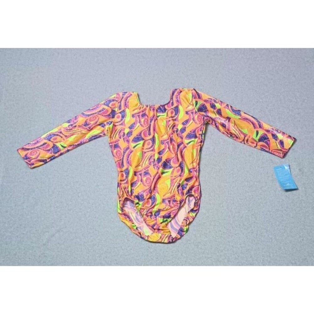 NWT! Motionwear Long Sleeve Leotard Size AL Retro Multicolor Dance Gymnastics
